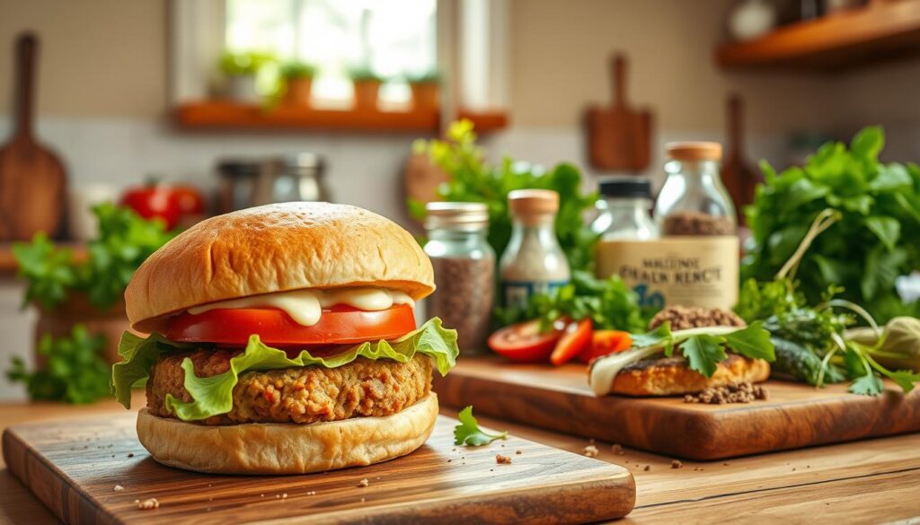 A delectable ground chicken burger recipe set against a warm, rustic kitchen backdrop. In the foreground, a freshly grilled burger patty glistens, its golden-brown exterior showcasing the juicy, flavorful ground chicken within. Nestled between a lightly toasted and buttered brioche bun, the burger is adorned with crisp lettuce, juicy tomato slices, and a creamy, tangy sauce. In the middle ground, a wooden cutting board displays an array of fresh herbs, spices, and seasonings used to craft the perfect burger blend. The background features a cozy, farmhouse-inspired kitchen, with natural light streaming in through a large window, casting a soft, inviting glow. The overall atmosphere evokes a sense of homemade comfort and culinary delight.