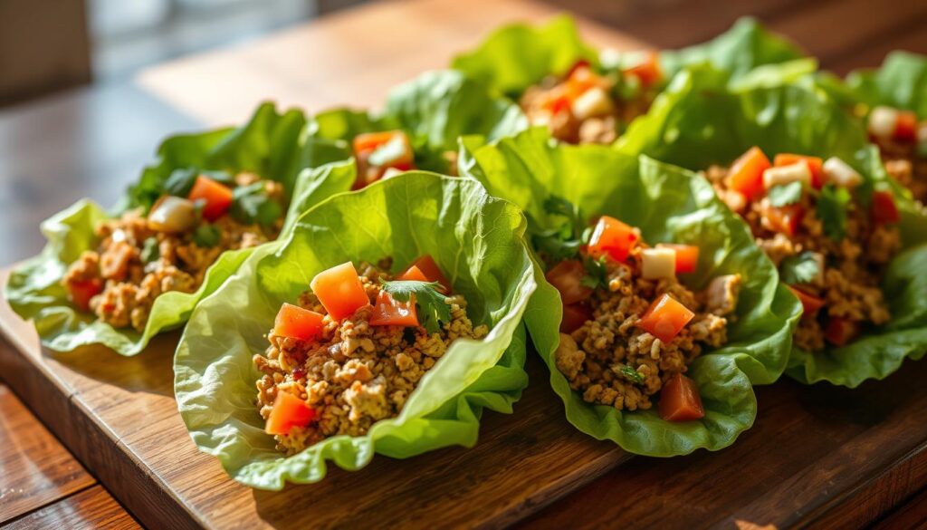 A delectable spread of ground chicken lettuce wraps, neatly arranged on a wooden table. The chicken, seasoned with aromatic spices, sits atop crisp, vibrant lettuce leaves, ready to be wrapped and savored. Garnished with fresh cilantro, diced tomatoes, and a drizzle of tangy sauce, the dish exudes a light, healthy, and inviting atmosphere. Soft natural lighting illuminates the scene, casting gentle shadows and highlighting the textures of the ingredients. The camera captures the wraps from a slightly elevated angle, showcasing the vibrant colors and the tempting, well-balanced composition.