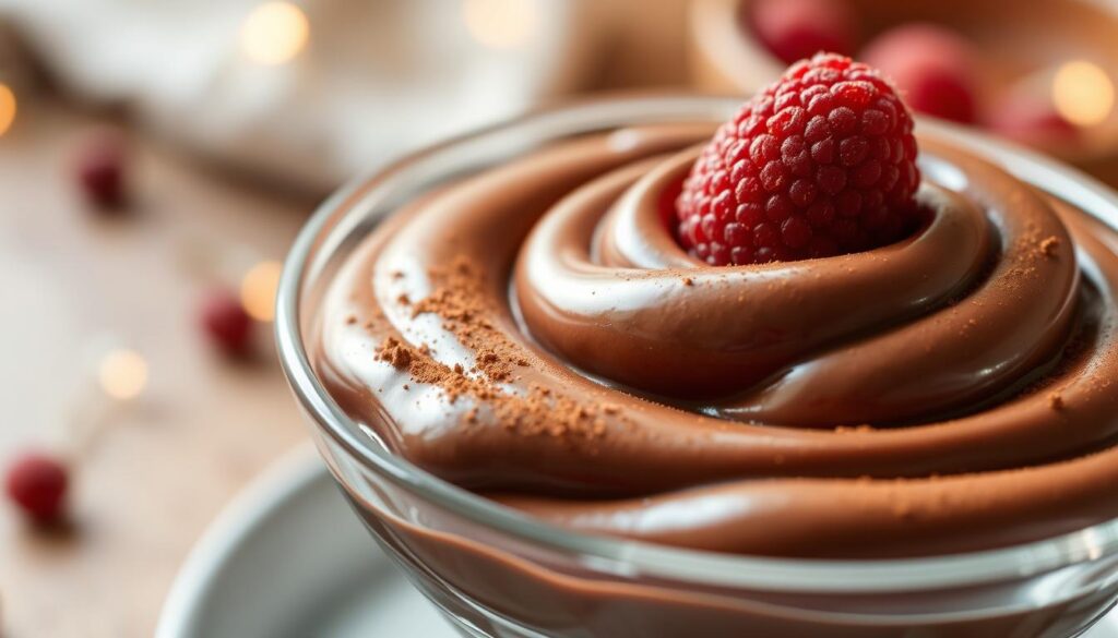 A delectable vegan chocolate mousse, creamy and rich, presented in a clear glass bowl. The smooth, glossy surface reflects the warm, soft lighting from above, creating a cozy, inviting atmosphere. The mousse is garnished with a light dusting of cocoa powder and a single fresh raspberry, adding a pop of color and a touch of tartness to balance the decadence. The scene is captured from a slight high angle, highlighting the elegant simplicity of the dessert and inviting the viewer to indulge in this tempting, guilt-free treat.