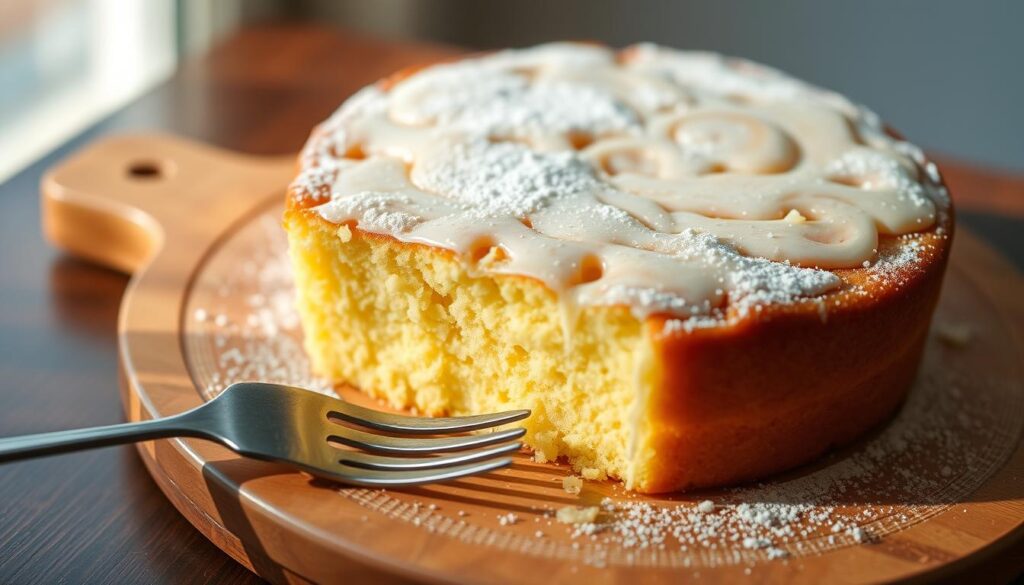A delicate tres leches cake, freshly baked and glistening with a light glaze, sits atop a wooden serving platter. The spongy texture of the cake is visible, with a dusting of powdered sugar adding a subtle sweetness. In the foreground, a fork rests invitingly, hinting at the rich, creamy layers within. The scene is illuminated by warm, natural lighting, casting a soft glow and emphasizing the cake's inviting appearance. The background is blurred, allowing the viewer's focus to remain solely on the tempting dessert.