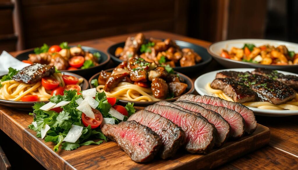 A diverse array of international beef liver dishes, meticulously presented on a rustic wooden table. In the foreground, a seared and sliced beef liver steak, accompanied by a vibrant salad of mixed greens, tomatoes, and shaved parmesan. In the middle ground, a hearty beef liver stroganoff, the rich sauce complemented by tender noodles. In the background, a traditional Korean beef liver bulgogi, the glistening meat caramelized to perfection. Warm lighting casts a cozy glow, highlighting the textures and colors of these nourishing, globally-inspired dishes. The scene evokes a sense of culinary exploration, inviting the viewer to expand their palate and discover the versatility of this humble, nutrient-dense ingredient.