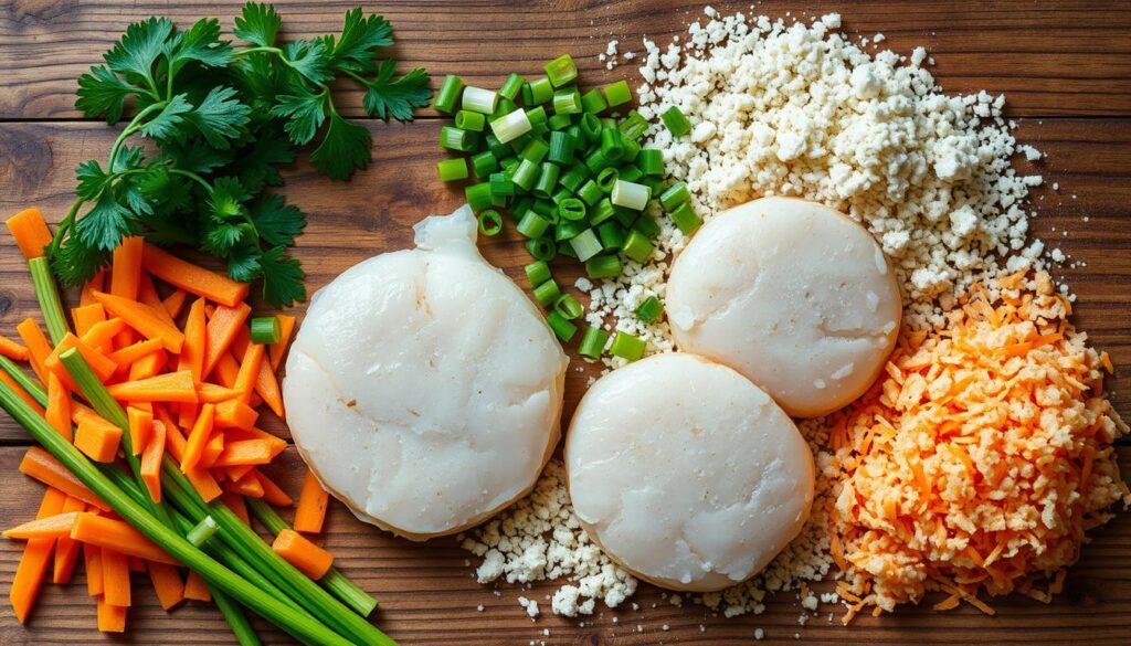 A flat-lay arrangement of fresh ingredients for making delectable fish cakes: juicy chunks of white fish, grated carrots, finely chopped scallions, and delicate breadcrumbs. The mise en place is set against a rustic, wooden surface, bathed in soft, natural lighting that highlights the vibrant colors and textures of the components. The overall composition conveys a sense of simplicity, wholesome goodness, and the promise of a perfectly crispy, flavor-packed fish cake.