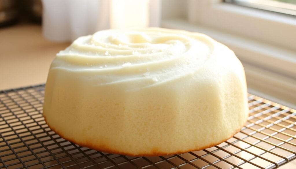 A freshly baked angel food cake, delicate and airy, rests on a wire cooling rack. Soft morning light filters through a nearby window, casting a warm glow over the scene. The cake's pristine white exterior slowly cools, its surface gently undulating as invisible currents of air caress it. Beads of condensation form and then dissipate, like a breathe upon a mirror. The cake's structure is visible, its intricate network of air pockets gradually solidifying, preserving the cake's light and fluffy texture. The cooling process is a dance of temperature and time, a crucial step in achieving the perfect angel food cake. A freshly baked angel food cake, delicate and airy, rests on a wire cooling rack. Soft morning light filters through a nearby window, casting a warm glow over the scene. The cake's pristine white exterior slowly cools, its surface gently undulating as invisible currents of air caress it. Beads of condensation form and then dissipate, like a breathe upon a mirror. The cake's structure is visible, its intricate network of air pockets gradually solidifying, preserving the cake's light and fluffy texture. The cooling process is a dance of temperature and time, a crucial step in achieving the perfect angel food cake.