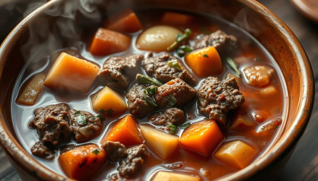 A hearty and mouth-watering beef stew, simmering in a rich, savory broth filled with tender chunks of beef, carrots, potatoes, onions, and aromatic herbs. The stew is presented in a rustic, earthenware bowl, steam gently rising, casting a warm, inviting glow under soft, natural lighting. The scene is captured from a slight overhead angle, highlighting the depth and texture of the stew, with a focus on the individual ingredients and their blend of colors and textures. The overall mood is cozy, comforting, and evocative of a homemade, homestyle dish that will leave you craving more.