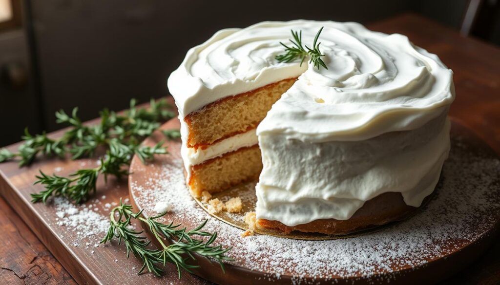 A luscious Rosemary's Bakery whipped cream cake, its delicate layers of moist sponge and fluffy, cloud-like frosting captured in soft, natural lighting. The cake rests on a rustic wooden table, surrounded by freshly picked rosemary sprigs and a dusting of powdered sugar, creating a serene, inviting atmosphere. The scene is photographed at a slight angle, highlighting the cake's elegant proportions and the intricate textures of the ingredients. The overall mood is one of homespun sophistication, perfectly encapsulating the "Expert Tips for Baking Success" theme.