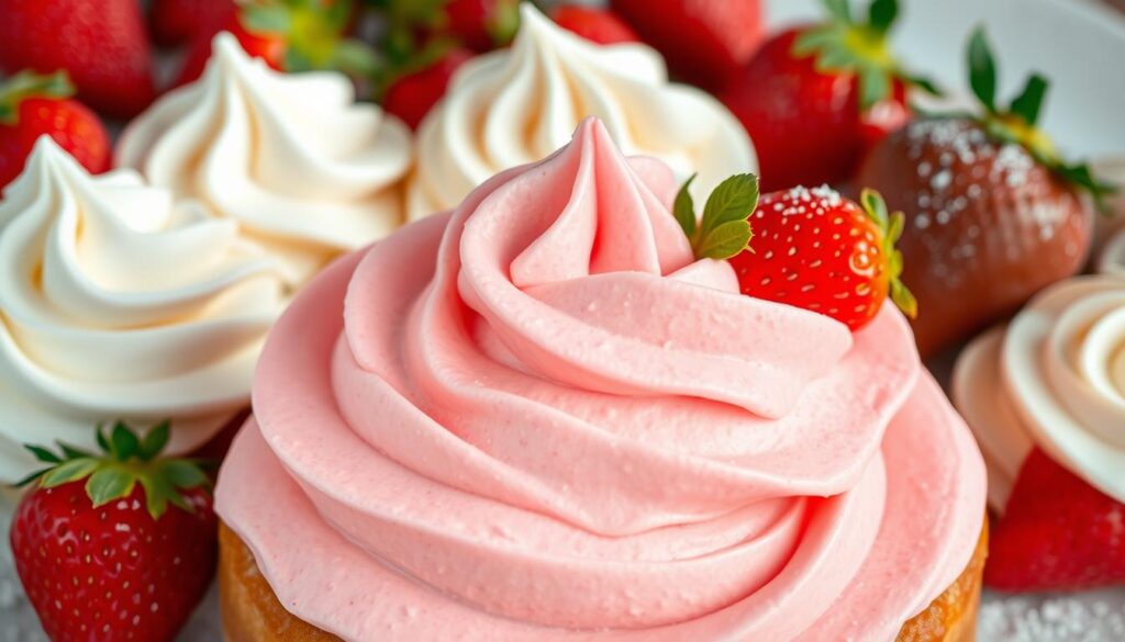 A luscious strawberry cake frosted with a variety of tempting options, captured in a stylish, high-resolution photograph. In the foreground, velvety swirls of rich cream cheese frosting, delicately tinted with fresh strawberry puree, create an irresistible centerpiece. Surrounding it, dollops of fluffy, meringue-like Swiss buttercream, lightly speckled with vanilla bean specks, and silky smooth chocolate ganache, glistening under soft, natural lighting. In the background, a scattering of plump, juicy strawberries, their ruby-red hues complementing the frosting's pastel tones, and a dusting of powdered sugar, adding a final touch of elegance. Captured at a slight angle to emphasize the depth and texture of the frosting, this image invites the viewer to imagine the mouthwatering flavors and indulgent experience of this homemade strawberry cake.