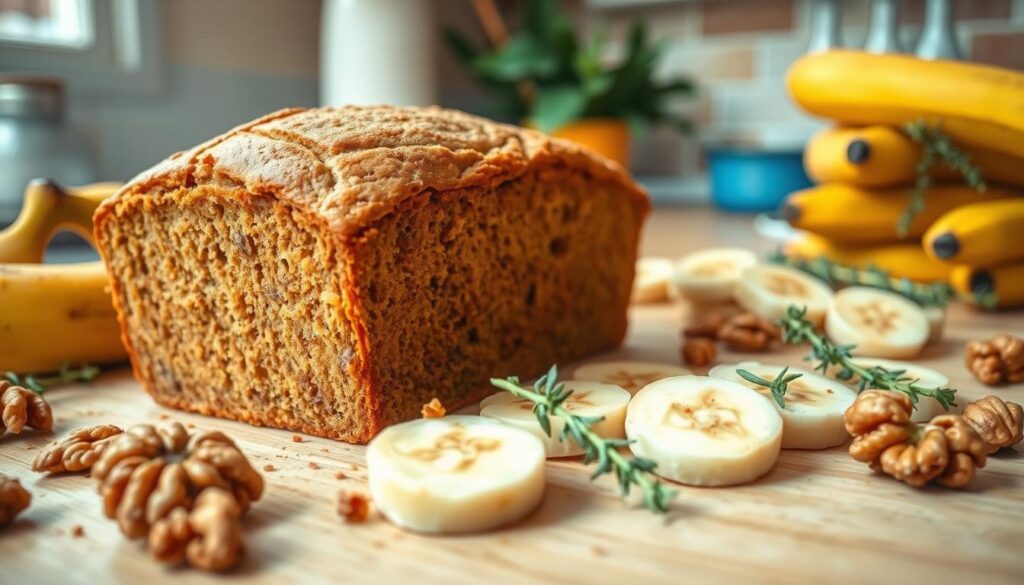 A lush and inviting kitchen counter, with a freshly baked loaf of golden-brown banana bread taking center stage. The bread's texture is moist and slightly crumbly, with visible flecks of banana and a light dusting of cinnamon. Surrounding the bread are scattered walnuts, a stack of sliced bananas, and a few sprigs of fresh thyme, adding a touch of greenery. The lighting is warm and natural, casting a soft glow on the scene. The camera angle is slightly elevated, capturing the wholesome and homemade essence of this easy banana bread recipe.