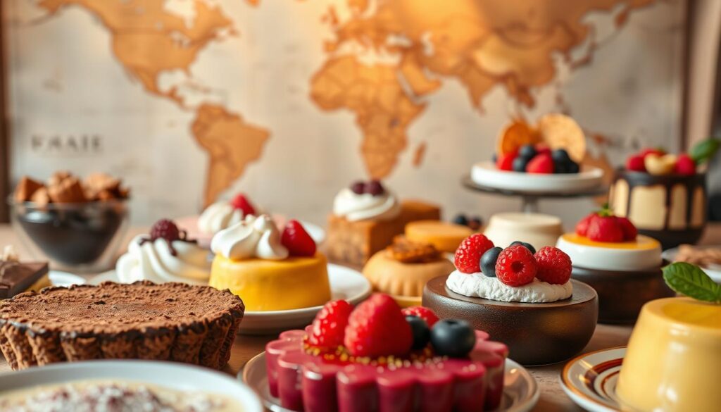A lush, vibrant display of vegan desserts from around the world. In the foreground, an assortment of colorful, artfully plated sweets - from a decadent chocolate tart dusted with cocoa powder to a creamy, coconut-based panna cotta topped with fresh berries. In the middle ground, a variety of international desserts, such as a fragrant Thai mango sticky rice, a traditional Japanese mochi, and a rich South American flan. The background features a dreamy, blurred world map, hinting at the global origins of these delectable vegan creations. Warm, golden lighting casts a cozy, inviting glow, while a shallow depth of field draws the eye to the delectable focal point. The overall mood is one of culinary wonder and global exploration.