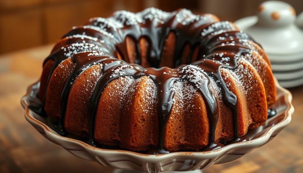 A mouth-watering homemade chocolate bundt cake, freshly baked and still steaming, sits on a vintage ceramic cake stand. The rich, dark chocolate glaze drips seductively down the sides, revealing the moist, fudgy interior. The cake is adorned with a dusting of powdered sugar, adding a delicate touch of sweetness. Captured in warm, soft lighting with a shallow depth of field, the image evokes the comforting tradition of European baking that inspired the iconic bundt cake design. The elegant, fluted pan shape and the cake's golden-brown crust hint at the historical roots of this beloved dessert.