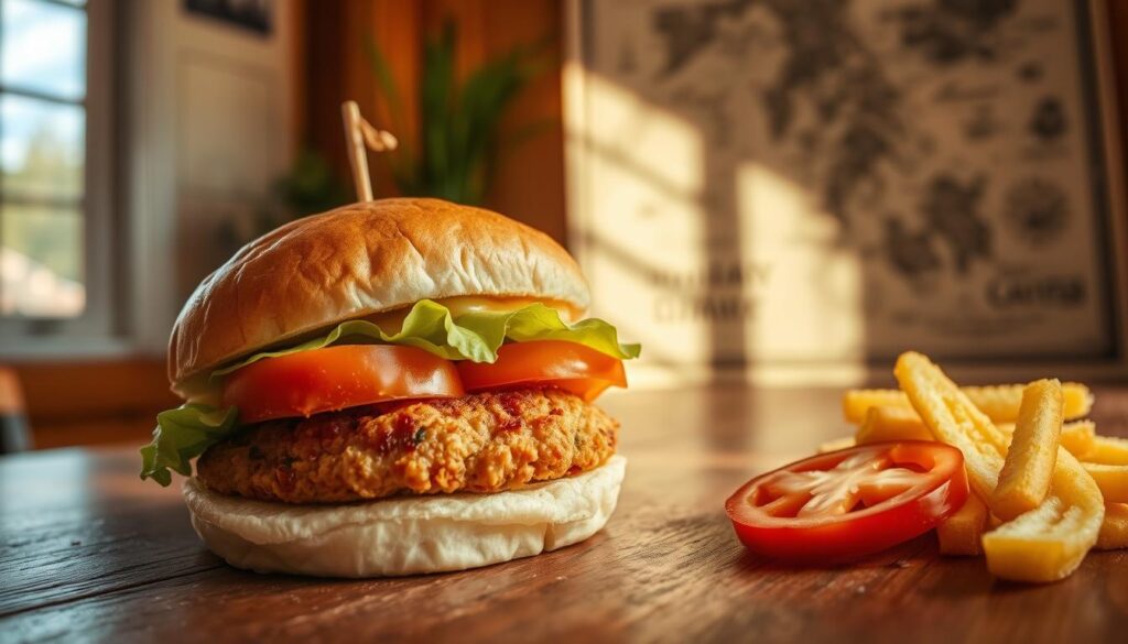 A mouthwatering Maryland crab cake sandwich sits atop a wooden table, the golden-brown patty nestled between two soft, pillowy brioche buns. Slices of juicy tomato and crisp lettuce peek out, complementing the rich, succulent crab meat. Warm sunlight filters through a nearby window, casting a cozy glow on the scene. In the background, a vintage map of the Chesapeake Bay region adds a touch of historical charm, hinting at the deep-rooted tradition of this iconic regional dish. The composition is captured with a wide-angle lens, emphasizing the artful presentation and inviting the viewer to imagine taking a satisfying bite.