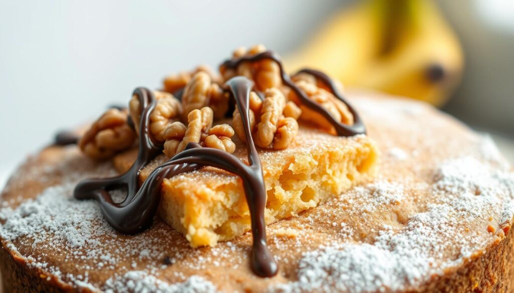 A mouthwatering banana cake with a golden-brown crumb, lightly dusted with powdered sugar. Nestled atop the cake are crunchy walnuts and drizzles of rich dark chocolate, creating a visually appealing and tempting dessert. The scene is illuminated by soft, natural lighting, accentuating the cake's moist texture and the sheen of the chocolate. The camera angle is slightly elevated, showcasing the layers and textures of the cake in an appetizing and professional-looking composition, ready to be featured in a culinary article.