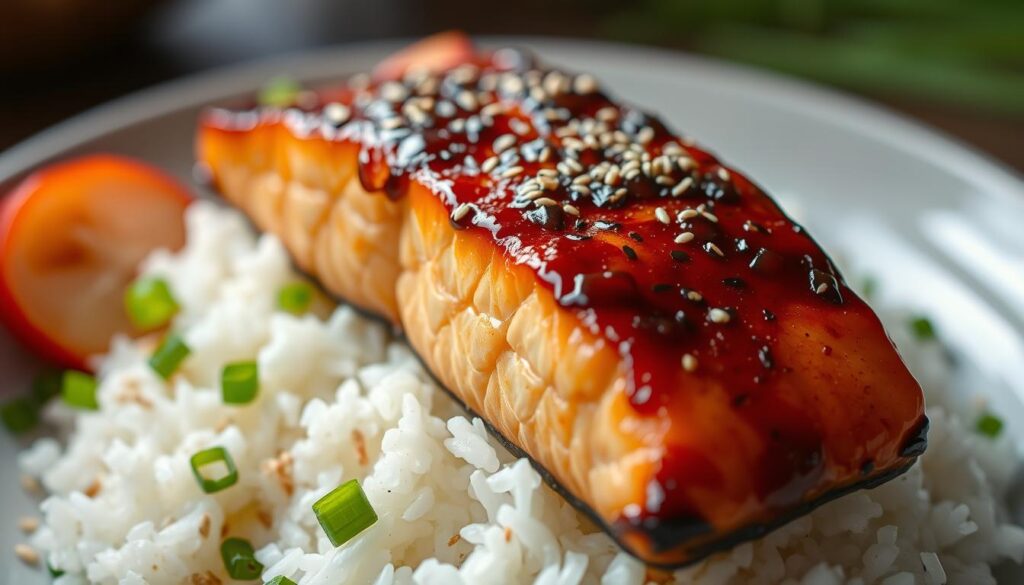 A mouthwatering close-up shot of a perfectly seared miso-glazed salmon fillet, glistening with a caramelized glaze. The fish rests atop a bed of steaming white rice, dotted with vibrant green scallions and toasted sesame seeds. Soft, diffused lighting highlights the succulent, flaky texture of the salmon, while a shallow depth of field emphasizes the dish's centerpiece. The image conveys a sense of balance, with the savory umami notes of the miso complementing the rich, buttery salmon. The overall mood is one of culinary elegance and refined simplicity, inviting the viewer to savor the flavors of this exquisite miso salmon recipe.