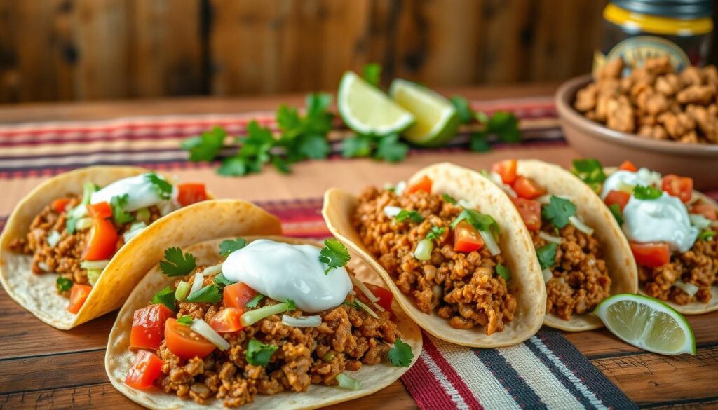 A mouthwatering display of ground chicken tacos, set against a rustic, Tex-Mex-inspired backdrop. In the foreground, neatly arranged taco shells are filled with a savory, simmered ground chicken mixture, topped with a vibrant medley of diced tomatoes, shredded lettuce, and a dollop of creamy sour cream. The middle ground features a scatter of fresh cilantro sprigs and lime wedges, adding a pop of color and a zesty aroma. In the background, a wooden table is adorned with a striped, southwestern-style runner, complemented by the warm, golden lighting that casts a cozy, inviting glow over the entire scene. The overall composition evokes a sense of homemade, family-friendly comfort, perfectly capturing the essence of the "Flavorful Ground Chicken Recipes for Weeknight Dinners" article and the "Family-Friendly Ground Chicken Tacos and Tex-Mex Dishes" section.