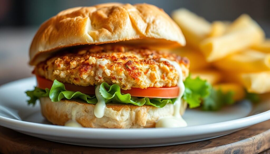 A mouthwatering homemade crab cake sandwich on a toasted brioche bun, the golden-brown crab cake nestled atop fresh lettuce and juicy tomato slices. The bun glistens with a light brushing of melted butter, its edges crisped to perfection. The crab cake is made with succulent lump crab meat, bound together with just the right amount of breadcrumbs, herbs, and a touch of mayonnaise. A creamy lemon-dill aioli drizzles down the sides, complementing the sweet and savory flavors. The scene is captured in soft, natural lighting, with a slight depth of field blur that emphasizes the sandwich's inviting texture and composition. The background is blurred, keeping the focus on the delectable homemade crab cake sandwich.