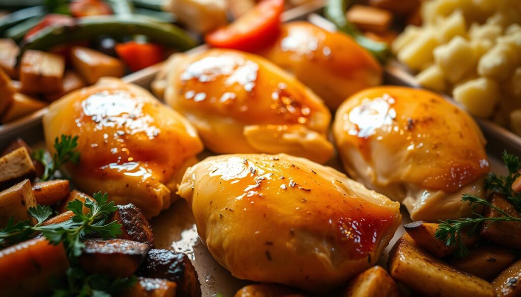 A neatly arranged display of freshly baked chicken breasts, their golden-brown exteriors glistening under soft, warm lighting. The breasts are surrounded by an assortment of tempting side dishes, such as roasted vegetables and fluffy mashed potatoes, creating a visually appealing and mouthwatering scene. The overall composition suggests a comforting, homemade meal, inviting the viewer to imagine the delicious flavors and textures. The image is captured at a slightly elevated angle, allowing the viewer to fully appreciate the carefully prepared, succulent chicken breasts as the focal point.