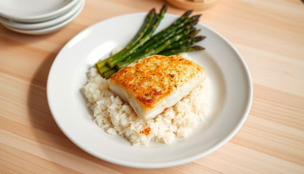 A neatly arranged plate showcasing a beautifully baked cod fillet, its golden-brown crust glistening under natural lighting. The fish rests atop a bed of fluffy white rice, complemented by a side of roasted asparagus spears. The scene is captured from a slightly elevated angle, emphasizing the dish's presentation and inviting the viewer to savor its delectable aroma. The background features a minimalist, light-colored wooden table, creating a simple yet elegant setting that allows the star of the dish, the perfectly cooked cod, to shine.