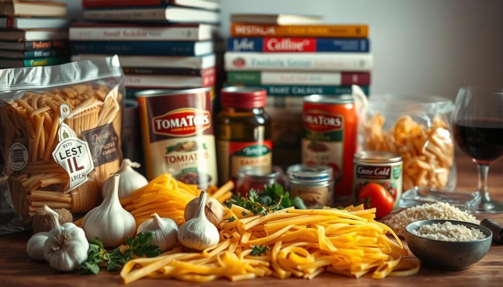 A neatly arranged still life of assorted pantry staples for one-pot pasta, bathed in warm, soft lighting. In the foreground, a selection of dried pasta shapes, garlic, onions, canned tomatoes, and olive oil. In the middle ground, herbs, spices, and grated cheese. In the background, a stack of cookbooks and a glass of red wine. The scene exudes a cozy, homey atmosphere, inviting the viewer to envision a comforting, spontaneous one-pot pasta meal.