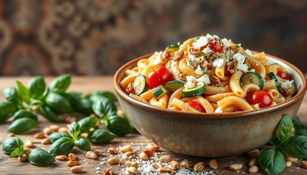 A nourishing one-pot pasta dish set against a warm, rustic backdrop. In the foreground, a large ceramic bowl overflows with a vibrant tangle of whole-wheat penne, sautéed zucchini, cherry tomatoes, and crumbled feta, drizzled with a creamy, herbed sauce. Surrounding the bowl, a scattering of fresh basil leaves, toasted pine nuts, and a sprinkle of grated Parmesan create a visually appealing composition. The scene is illuminated by soft, natural lighting, casting a cozy, inviting atmosphere. The overall impression is one of wholesome, satisfying vegetarian cuisine that can be easily prepared in a single pot.