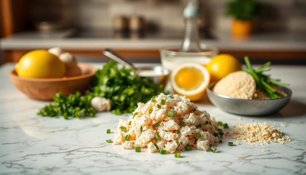 A pristine marble countertop serves as the stage for an array of fresh, high-quality ingredients needed to craft the perfect crab cakes. In the foreground, a pile of lump crabmeat glistens, surrounded by a mix of finely chopped parsley, scallions, and a beaten egg. Beside them, a wedge of lemon and a sprinkle of breadcrumbs stand ready to add their essential flavors. In the middle ground, a set of measuring spoons and a small bowl of mayonnaise hint at the precise measurements and binding agents required. The background is softly blurred, allowing the viewer to focus on the delectable components that come together to create this beloved seafood delicacy. Warm, golden lighting casts a comforting glow over the scene, inviting the viewer to imagine the satisfying texture and taste of the final crab cakes. A pristine marble countertop serves as the stage for an array of fresh, high-quality ingredients needed to craft the perfect crab cakes. In the foreground, a pile of lump crabmeat glistens, surrounded by a mix of finely chopped parsley, scallions, and a beaten egg. Beside them, a wedge of lemon and a sprinkle of breadcrumbs stand ready to add their essential flavors. In the middle ground, a set of measuring spoons and a small bowl of mayonnaise hint at the precise measurements and binding agents required. The background is softly blurred, allowing the viewer to focus on the delectable components that come together to create this beloved seafood delicacy. Warm, golden lighting casts a comforting glow over the scene, inviting the viewer to imagine the satisfying texture and taste of the final crab cakes.