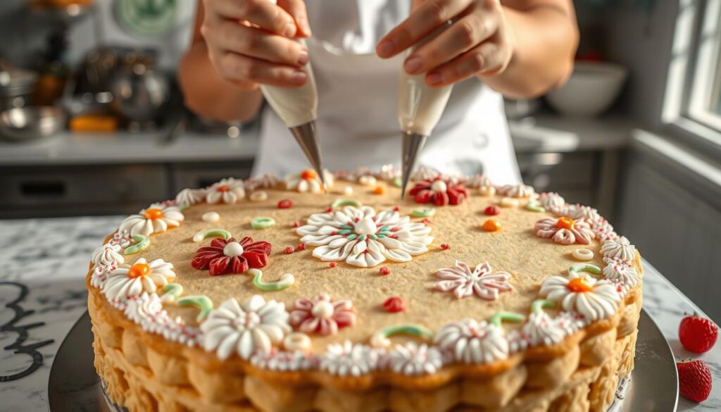 A professional baker's kitchen, filled with natural light, showcases an elaborate cookie cake being decorated. In the foreground, delicate piping bags filled with vibrant buttercream frostings create intricate floral designs and elegant patterns across the golden-brown cookie surface. Sprinkles, edible pearls, and candied fruit accents add pops of color and texture, transforming the simple cookie into an artful centerpiece. In the middle ground, a baker's hands deftly apply the finishing touches, their movements graceful and practiced. Behind them, a marble countertop is cluttered with baking tools, mixing bowls, and an assortment of cookie cutters, hinting at the care and skill required to craft this visually stunning dessert. The overall scene exudes a sense of warmth, creativity, and the proud satisfaction of a job well done.