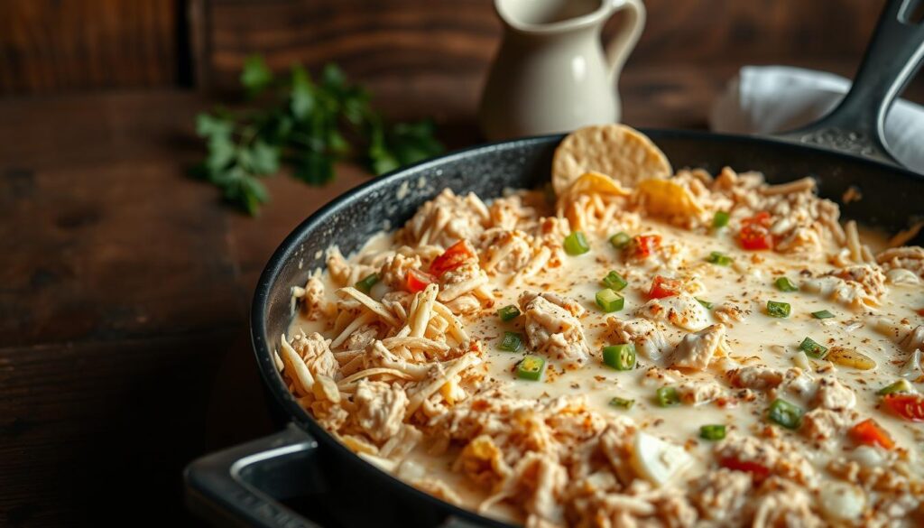 A richly detailed white chicken enchilada skillet set against a warm, rustic backdrop. In the foreground, the skillet overflows with tender shredded chicken, melted white cheese, and aromatic spices. Diced onions, peppers, and garlic add depth and complexity. Crisp tortilla strips lend texture and crunch. Indirect side lighting casts a gentle glow, highlighting the dish's creamy, inviting appearance. The background features a worn wooden table, with a simple ceramic pitcher and fresh herbs adding natural accents. An overall sense of homey comfort and culinary delight pervades the scene.