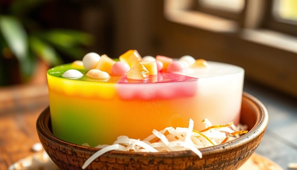 A vibrant Vietnamese three-color dessert, known as "Chè Ba Màu," presented in a rustic ceramic bowl. The foreground features layers of vividly-colored jellies, each with a distinct flavor and texture - green pandan-infused, pink rose, and creamy white coconut. Suspended in the translucent layers are chewy tapioca pearls and small cubes of sweetened mung bean. The middle ground showcases a scattering of freshly shredded young coconut flesh, adding a contrasting crunch. The background is softly blurred, conveying a sense of tranquility, with a warm, natural lighting that casts gentle shadows and highlights the dessert's alluring colors and textures. The overall scene evokes a feeling of refreshing indulgence, perfectly capturing the essence of the "Chè Ba Màu" dessert.