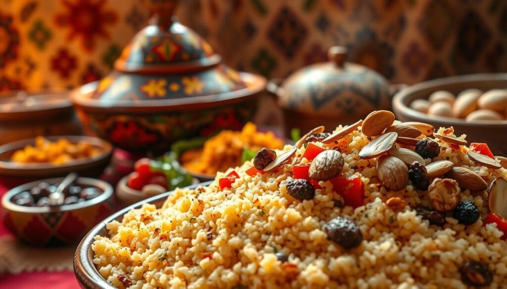 A vibrant, authentic Moroccan couscous feast, set against a warm, earthy backdrop. In the foreground, a large bowl overflows with fluffy, steaming couscous grains, accompanied by an array of colorful, richly-spiced vegetables, juicy raisins, and toasted almonds. The middle ground features a traditional tagine pot, its intricate, hand-painted design catching the soft, natural light. In the background, a tapestry of Moroccan patterns and textures, hinting at the rich cultural heritage. The scene is bathed in a golden, sunlit glow, evoking the warmth and hospitality of Moroccan cuisine. A tantalizing, mouthwatering tableau, inviting the viewer to step into this flavorful, traditional setting. A vibrant, authentic Moroccan couscous feast, set against a warm, earthy backdrop. In the foreground, a large bowl overflows with fluffy, steaming couscous grains, accompanied by an array of colorful, richly-spiced vegetables, juicy raisins, and toasted almonds. The middle ground features a traditional tagine pot, its intricate, hand-painted design catching the soft, natural light. In the background, a tapestry of Moroccan patterns and textures, hinting at the rich cultural heritage. The scene is bathed in a golden, sunlit glow, evoking the warmth and hospitality of Moroccan cuisine. A tantalizing, mouthwatering tableau, inviting the viewer to step into this flavorful, traditional setting.