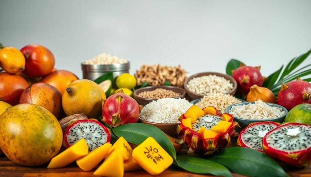 A vibrant still life of Vietnamese dessert ingredients, illuminated by soft, natural lighting and captured with a wide-angle lens. In the foreground, a variety of tropical fruits, such as ripe mangoes, star fruit, and dragonfruit, are neatly arranged. In the middle ground, various ingredients used in traditional Vietnamese desserts, like sticky rice, palm sugar, and pandan leaves, are carefully displayed. The background features a simple, uncluttered setting, allowing the colorful, textural elements to take center stage. The overall composition evokes a sense of authenticity and culinary exploration, reflecting the rich heritage and diverse flavors of Vietnamese desserts.