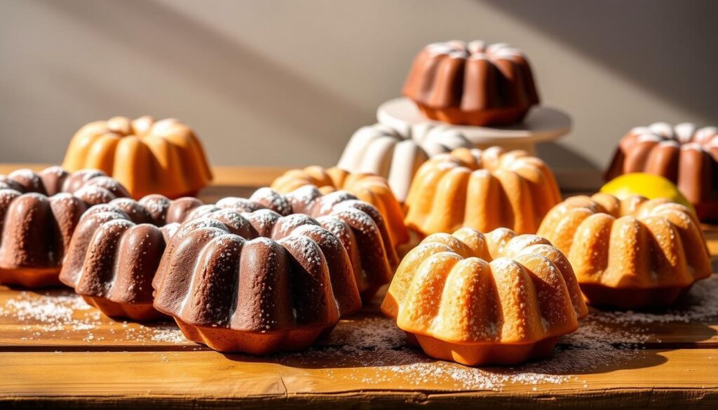 A visually appealing arrangement of freshly baked mini bundt cakes in various flavors, such as chocolate, vanilla, and lemon, artfully displayed on a rustic wooden surface. The cakes are adorned with a light dusting of powdered sugar, creating a delicate and inviting presentation. The scene is bathed in warm, natural lighting, casting soft shadows and highlighting the intricate details of the bundt pan designs. The background features a simple, neutral backdrop that allows the cakes to take center stage, showcasing their individual charm and the overall deliciousness of the selection. The mood is one of homemade comfort and culinary delight, perfectly capturing the essence of the "Best Mini Bundt Cake Recipes to Try Today."