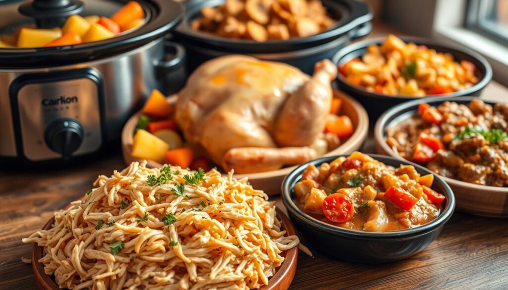 A well-lit, high-resolution image of a variety of delicious, tender crockpot chicken dishes arranged on a wooden table. In the foreground, a juicy, shredded chicken dish with a creamy, flavorful sauce, garnished with fresh herbs. In the middle ground, a whole chicken in a crockpot, surrounded by aromatic vegetables like carrots, potatoes, and onions. In the background, additional crockpot chicken recipes, such as a creamy chicken and mushroom dish and a zesty, tomato-based chicken stew. The lighting is warm and natural, highlighting the rich colors and textures of the dishes. The overall atmosphere conveys the comforting and satisfying nature of these essential crockpot chicken recipes.