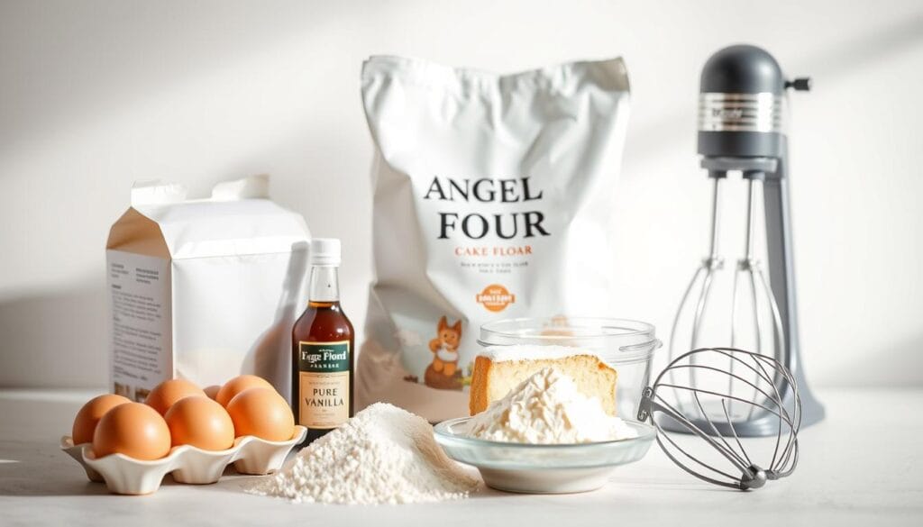 A well-lit, high-resolution photograph of a neatly arranged selection of essential angel food cake ingredients, including a carton of fresh eggs, a bag of cake flour, a container of granulated sugar, a bottle of pure vanilla extract, and a hand mixer, all set against a clean, light-colored background with soft shadows and a subtle vignette effect, creating a warm, inviting, and visually appealing presentation. A well-lit, high-resolution photograph of a neatly arranged selection of essential angel food cake ingredients, including a carton of fresh eggs, a bag of cake flour, a container of granulated sugar, a bottle of pure vanilla extract, and a hand mixer, all set against a clean, light-colored background with soft shadows and a subtle vignette effect, creating a warm, inviting, and visually appealing presentation.