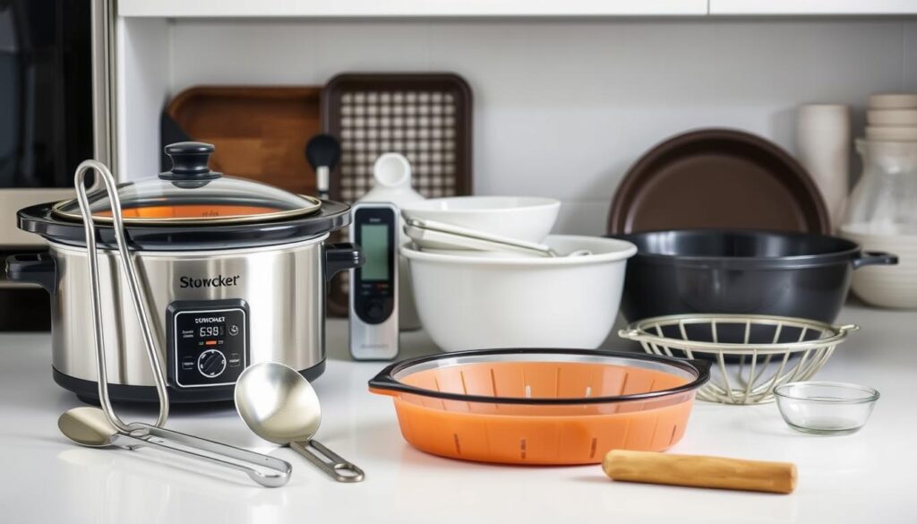 A well-lit, high-resolution photograph of an assortment of essential slow cooker equipment, prominently displayed on a pristine white countertop. In the foreground, a modern, stainless steel slow cooker with a tempered glass lid, accompanied by a set of stainless steel tongs and a ladle. In the middle ground, a digital meat thermometer, a silicone trivet, and a sturdy ceramic baking dish. In the background, a wire rack, a set of measuring cups, and a large ceramic bowl, all showcasing the essential tools for healthy slow cooking. The lighting is soft and diffused, accentuating the clean, minimalist aesthetic and highlighting the quality craftsmanship of the equipment.