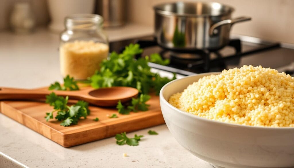 A well-lit kitchen counter showcases a large bowl filled with perfectly cooked couscous, its fluffy grains glistening with a light drizzle of olive oil. Beside it, a wooden spoon rests atop a cutting board, alongside a selection of fresh herbs - fragrant sprigs of parsley, mint, and cilantro. In the background, a glass jar of couscous and a saucepan on the stove hint at the preparation process. The scene is bathed in warm, diffused lighting, creating a homely and inviting atmosphere, perfectly capturing the "Essential Tips for Cooking Perfect Couscous" section of the article. A well-lit kitchen counter showcases a large bowl filled with perfectly cooked couscous, its fluffy grains glistening with a light drizzle of olive oil. Beside it, a wooden spoon rests atop a cutting board, alongside a selection of fresh herbs - fragrant sprigs of parsley, mint, and cilantro. In the background, a glass jar of couscous and a saucepan on the stove hint at the preparation process. The scene is bathed in warm, diffused lighting, creating a homely and inviting atmosphere, perfectly capturing the "Essential Tips for Cooking Perfect Couscous" section of the article.