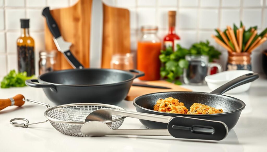 A well-lit kitchen counter with a crisp white surface, showcasing an array of essential tools for preparing a classic chicken fried chicken dish. In the foreground, a cast-iron skillet, a wire mesh strainer, and a sturdy set of tongs take center stage. In the middle ground, a heavy-duty chef's knife, a wooden cutting board, and a measuring cup stand ready. The background features a glass jar filled with freshly cracked black peppercorns, a bottle of hot sauce, and a bundle of fresh parsley, creating a visually harmonious and appetizing composition. The lighting is warm and natural, accentuating the textures and colors of the kitchen essentials, conveying a sense of culinary preparedness and anticipation.