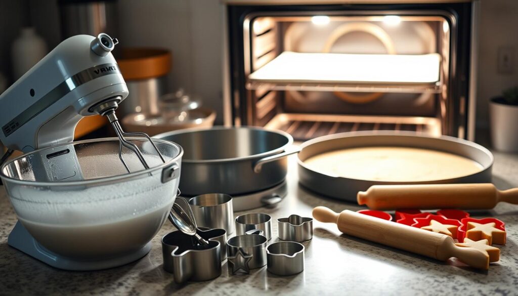 A well-lit kitchen counter with an array of essential cookie cake baking equipment. In the foreground, a large mixing bowl, a handheld electric mixer, and a set of measuring cups and spoons. In the middle ground, a nonstick springform pan, a rolling pin, and a set of cookie cutters in various shapes. In the background, a preheated oven with a baking sheet inside, emitting a warm, inviting glow. The overall scene conveys a sense of preparation and anticipation, ready to create a delectable homemade cookie cake.