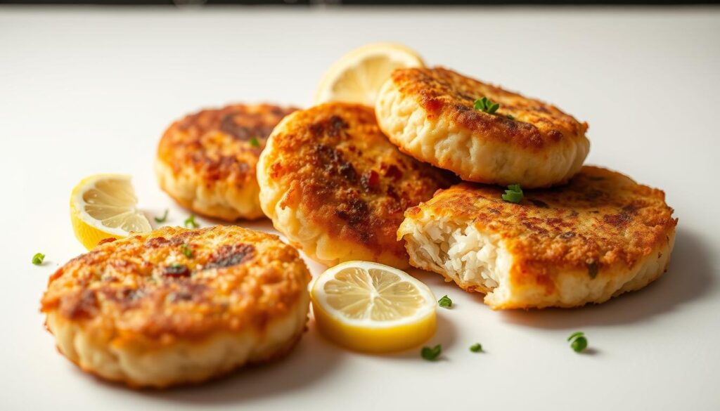 Crisp, golden-brown fish cakes, freshly fried and glistening under warm studio lighting. The cakes sit atop a clean, minimalist white background, their delicate, flaky interiors revealed. Wisps of steam rise, hinting at the tender, flavorful seafood within. Lemon wedges and a sprinkle of chopped parsley add a touch of freshness, complementing the savory dish. The composition is simple yet elegant, showcasing the cakes as the star of the scene. The angle is slightly elevated, providing an appetizing, mouth-watering perspective. An inviting, sophisticated ambiance pervades the image, capturing the essence of "The Delicious World of Fish Cakes".