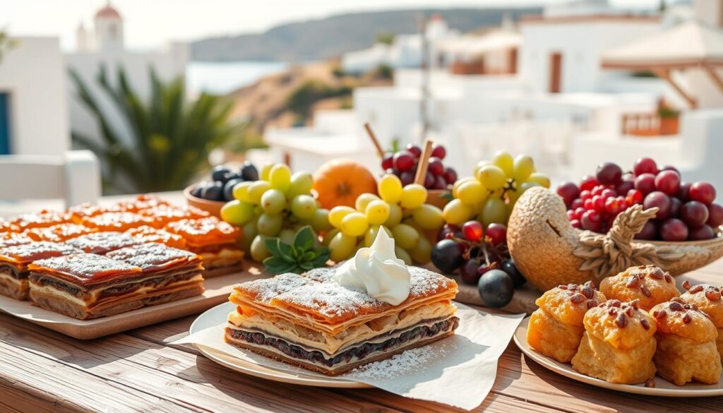 High-resolution photograph of an assortment of traditional Greek desserts, shot with a professional DSLR camera using a macro lens and natural lighting. The foreground features a selection of classic Greek pastries, including baklava, galaktoboureko, and loukoumades, arranged artfully on a rustic wooden table. The middle ground showcases a variety of fresh fruits, such as figs, grapes, and pomegranate seeds, complementing the desserts. The background depicts a serene, sun-dappled Greek landscape, with whitewashed buildings and lush, vibrant greenery. The overall mood is warm, inviting, and true to the authentic flavors and aesthetics of Greek culinary culture.