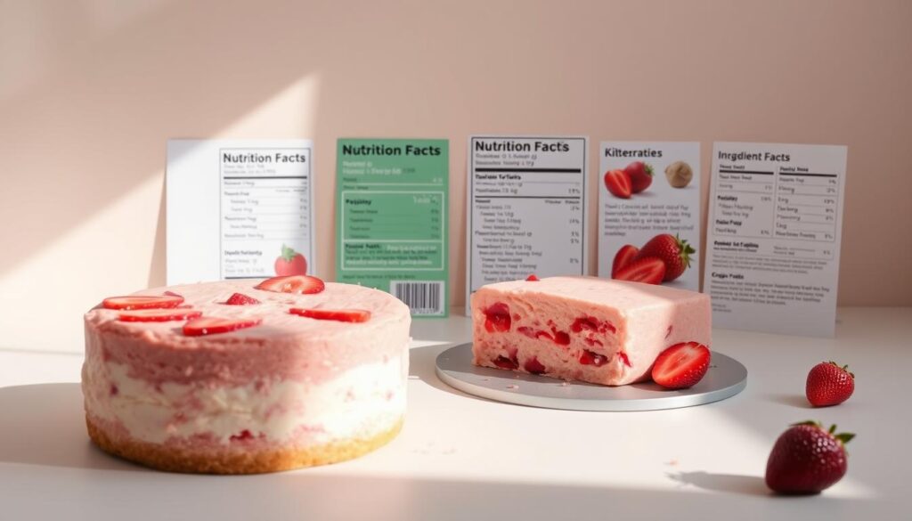 Homemade strawberry cake with nutritional information displayed in a clean, minimalist composition. The cake is prominently featured in the foreground, showcasing its moist, fluffy texture and vibrant red-pink hue from fresh strawberries. Arranged neatly around the cake are various nutritional labels, ingredient lists, and dietary information presented in a simple, easy-to-read format. The background is a soft, neutral tone, allowing the cake and its details to be the central focus. Diffused, natural lighting casts gentle shadows, highlighting the cake's texture and the crisp presentation of the nutritional data. The overall mood is informative yet appetizing, inviting the viewer to appreciate the healthful aspects of this homemade strawberry dessert.