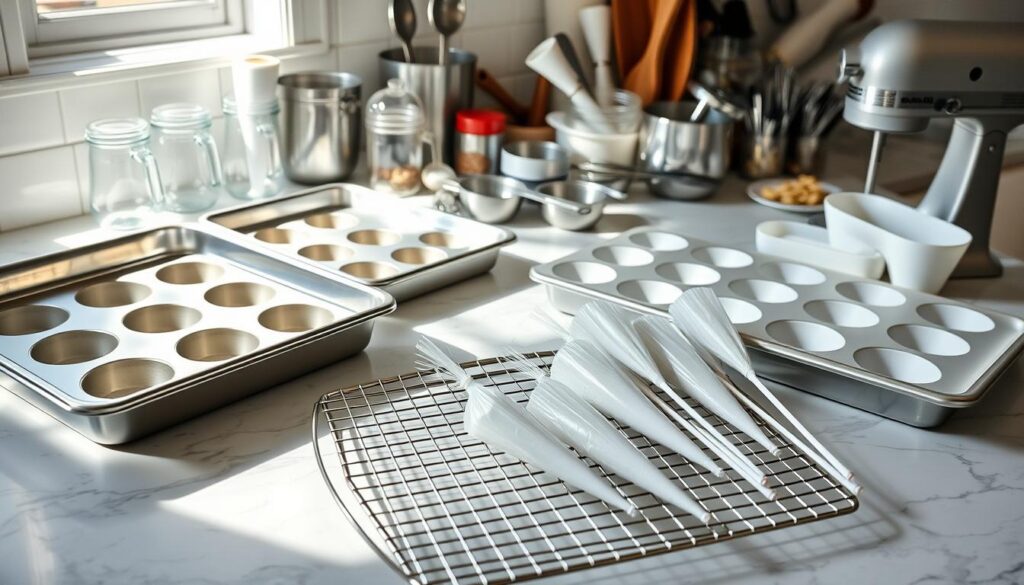 Stainless steel baking trays, silicone molds, and a hand mixer laid out on a marble countertop. Bright, natural lighting illuminates the scene, casting soft shadows. In the foreground, a wire cooling rack and piping bags sit neatly arranged, ready for decorating. The background features an assortment of measuring cups, spoons, and other essential tools for baking Starbucks-style cake pops. The overall mood is clean, organized, and inviting, reflecting the professional-quality equipment needed to create these delectable treats at home.