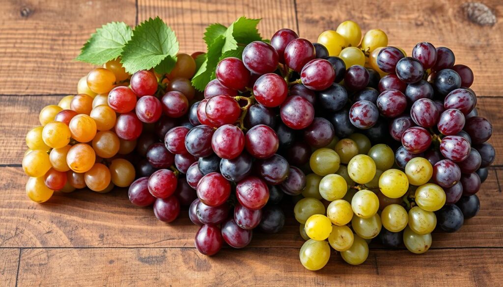 Vibrant clusters of diverse grape varietals, including plump Concord, juicy Crimson, and sweet Green Globe, meticulously arranged on a rustic wooden surface. Soft, directional lighting casts gentle shadows, accentuating the luscious texture and vibrant hues of the grapes. The scene evokes a sense of freshness and inviting tactility, perfectly capturing the essential ingredients for a delectable grape salad.