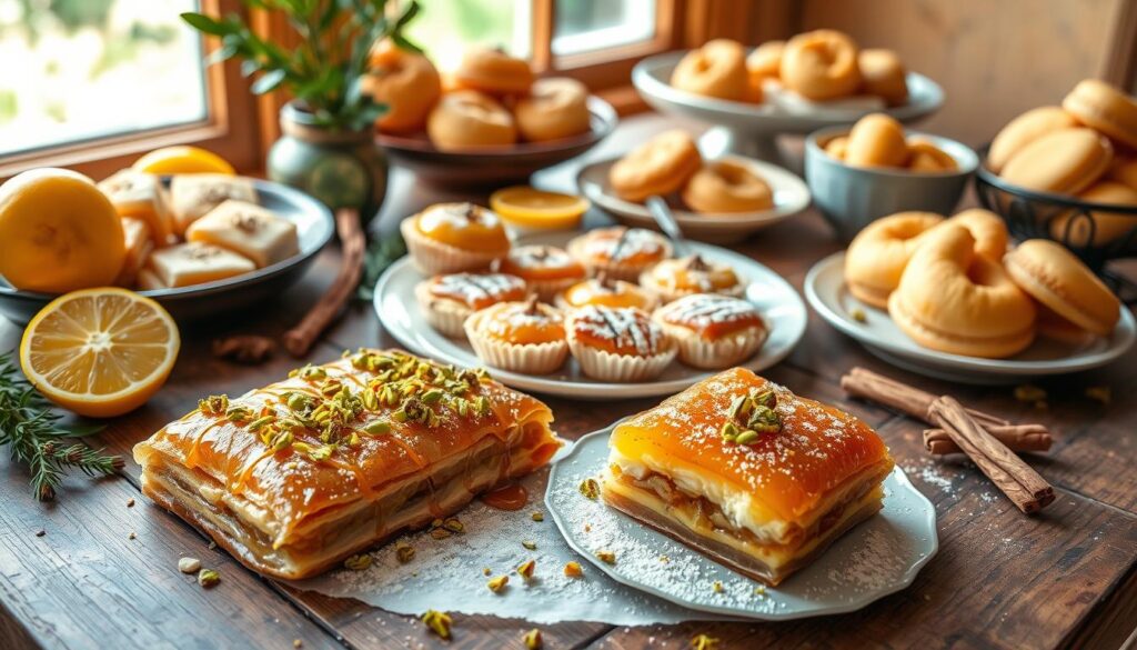 a vibrant still life of popular traditional Greek desserts, elegantly arranged on a rustic wooden table in natural window lighting. In the foreground, a selection of luscious baklava pastries with flaky phyllo dough, drizzled with honey and sprinkled with crushed pistachios. In the middle ground, a platter of creamy, golden-crusted galaktoboureko custard pies, with a dusting of powdered sugar. In the background, a plate of fluffy, syrup-soaked loukoumades fritters, and a bowl of aromatic, spiced melomakarona cookies. The table is adorned with fresh citrus fruits, cinnamon sticks, and a few sprigs of fragrant herbs, creating a rich, mouthwatering scene that captures the essence of classic Greek dessert delights.