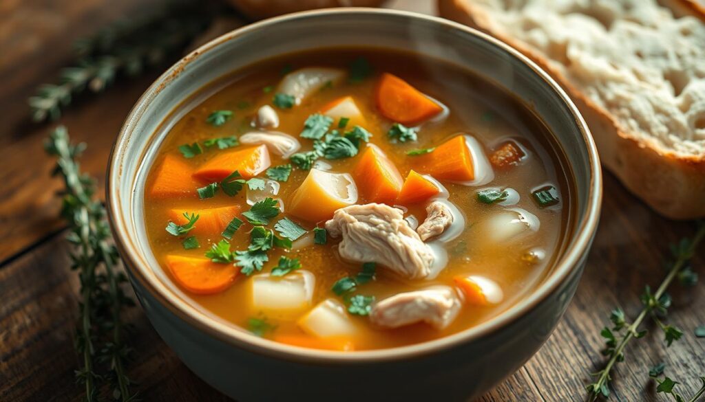 A beautifully lit close-up of a steaming bowl of homemade chicken soup, with freshly chopped parsley, diced carrots, and slivers of tender chicken floating in a rich, golden broth. The soup is presented on a rustic wooden table, with a sprig of thyme and a crusty bread roll nearby, conveying a cozy, comforting atmosphere. Soft, warm lighting highlights the inviting textures and colors of the soup, creating a mouthwatering, appetizing scene that captures the essence of a delicious, nourishing chicken soup.