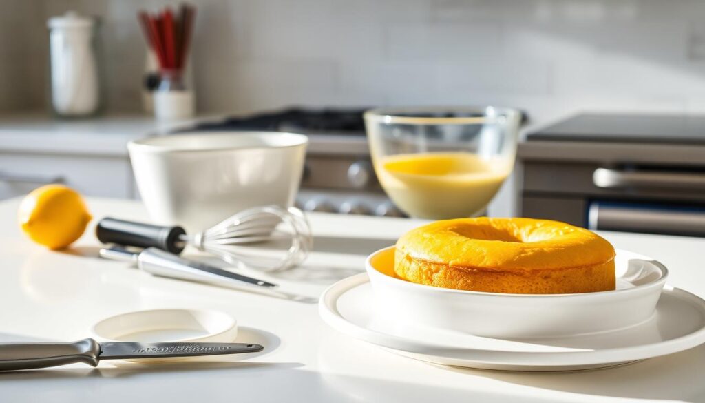 A beautifully lit kitchen counter, pristinely clean and ready for baking. In the foreground, a fresh lemon cake sits on a white ceramic platter, its golden crust shimmering under the soft, natural lighting. Nearby, a zester, a whisk, and a bowl of freshly squeezed lemon juice, signaling the preparation process. In the middle ground, a mixing bowl filled with a pale yellow batter, ready to be poured into a buttered and floured cake pan. The background features a neutral-colored backsplash, lending a sense of calm and focus to the scene. The overall atmosphere is one of organization, attention to detail, and the anticipation of a delicious homemade lemon cake.