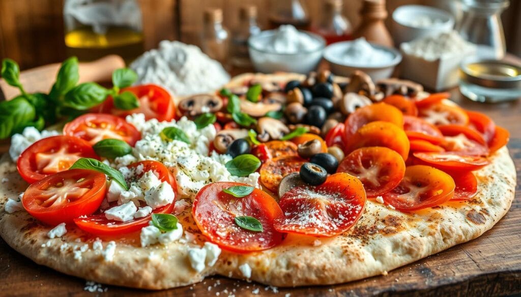 A bountiful assortment of premium pizza ingredients artfully arranged on a rustic wooden surface, bathed in warm, natural lighting. In the foreground, glistening slices of fresh mozzarella cheese, crumbled feta, and grated parmesan. Nestled among them, thick-cut tomato slices, vibrant basil leaves, and a sprinkling of Italian seasoning. In the middle ground, a pile of crispy, golden brown pepperoni slices, alongside slivers of juicy olives and sautéed mushrooms. The background features a selection of flour, olive oil, and other essential baking supplies, hinting at the homemade preparation to come. An inviting, mouthwatering scene, perfectly capturing the key elements for the ultimate grilled cheese sandwich pizza. A bountiful assortment of premium pizza ingredients artfully arranged on a rustic wooden surface, bathed in warm, natural lighting. In the foreground, glistening slices of fresh mozzarella cheese, crumbled feta, and grated parmesan. Nestled among them, thick-cut tomato slices, vibrant basil leaves, and a sprinkling of Italian seasoning. In the middle ground, a pile of crispy, golden brown pepperoni slices, alongside slivers of juicy olives and sautéed mushrooms. The background features a selection of flour, olive oil, and other essential baking supplies, hinting at the homemade preparation to come. An inviting, mouthwatering scene, perfectly capturing the key elements for the ultimate grilled cheese sandwich pizza.