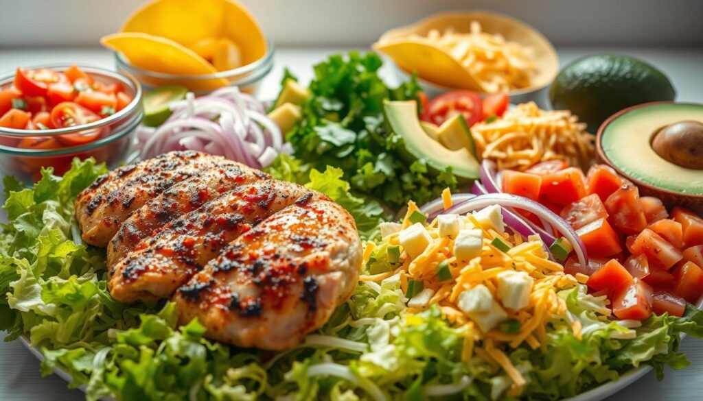 A bountiful display of fresh, vibrant ingredients for the perfect chicken taco. In the foreground, juicy grilled chicken thighs, sizzling with a blend of spices, sit atop a bed of crisp, shredded lettuce. Surrounding them, an array of toppings: diced tomatoes, crunchy slices of red onion, creamy avocado chunks, and a sprinkle of shredded cheddar cheese. In the middle ground, warm, soft taco shells await, their golden hue radiating an inviting glow. The background is a clean, minimalist workspace, allowing the ingredients to take center stage and shine. Warm, natural lighting bathes the scene, enhancing the vibrant colors and appetizing textures, creating an image that perfectly captures the essence of a delicious, homemade chicken taco.