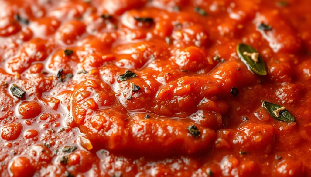 A bubbling, thick Mexican-inspired pizza sauce, rich with the flavors of roasted tomatoes, garlic, cumin, and chili peppers. The sauce fills the frame, its vibrant red hue glimmering under warm, natural lighting. Textural details such as the slight graininess of the tomato paste and the flecks of spices are clearly visible, suggesting a homemade, artisanal quality. The sauce appears to have a glossy, slightly viscous consistency, promising a perfect balance of tangy, savory, and subtly smoky notes. The composition places the sauce at the center, allowing it to be the star of the image and the focal point of the viewer's attention.