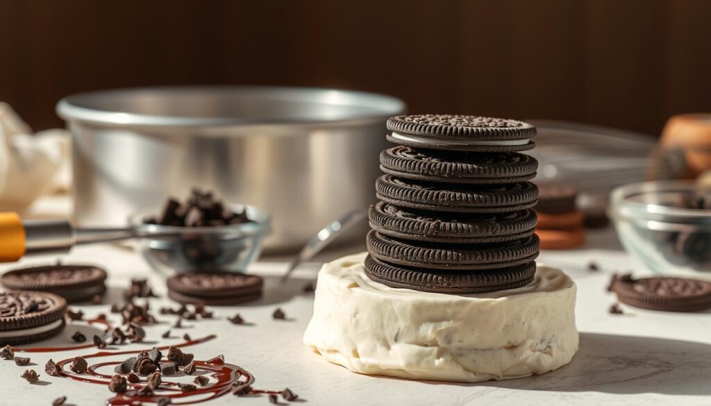 A carefully arranged still life showcasing the essential ingredients for an Oreo ice cream cake. In the foreground, a stack of Oreo cookies sit atop a smooth, creamy vanilla ice cream base. Surrounding the main components are various baking tools and accessories, including a metal springform pan, a whisk, and a small glass bowl filled with crumbled Oreo cookie pieces. The middle ground features a scattering of chocolate syrup drizzle, while the background is softly blurred, creating a sense of depth and focus on the key elements. The lighting is warm and natural, casting gentle shadows and highlights that enhance the textures and colors of the scene. The overall mood is one of culinary anticipation and delicious indulgence.