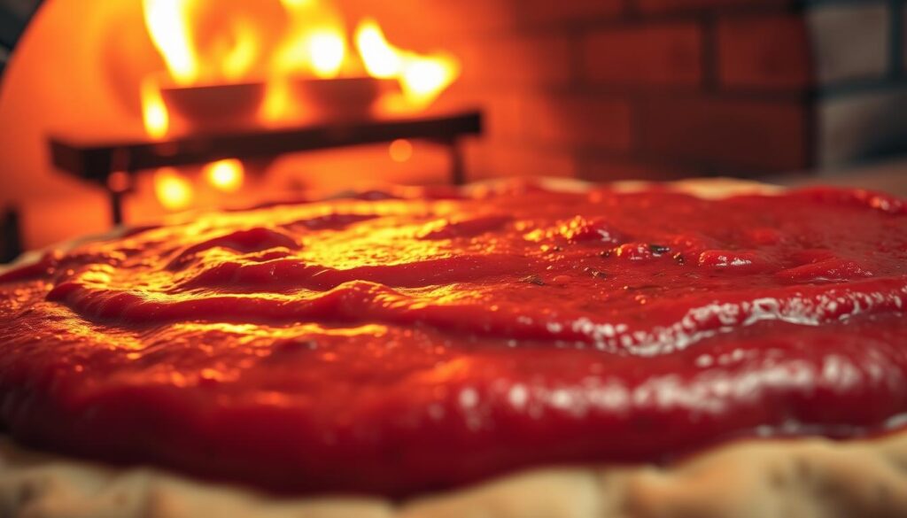 A close-up, high-resolution photograph of a gourmet pizza sauce base, with a smooth, velvety texture and a deep, rich burgundy color. The sauce is glistening in the warm, indirect lighting, highlighting its glossy, almost creamy consistency. In the background, a wood-fired oven with a warm, amber glow sets the scene, hinting at the delicious flavors to come. The composition is tightly framed, drawing the viewer's attention to the intricate details of the sauce, including subtle hints of herbs and aromatic spices that promise a mouthwatering, homemade pizza experience.