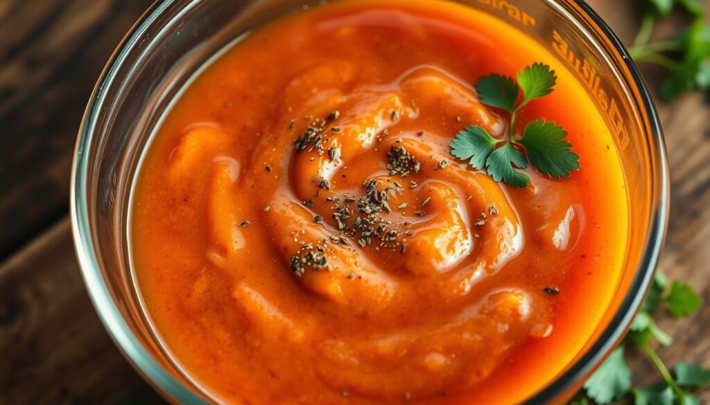 A close-up photograph of a large glass bowl filled with a vibrant orange-red marinade, composed of smooth, creamy chipotle puree, aromatic garlic, tangy lime juice, earthy cumin, and fragrant oregano. The marinade glistens under warm, soft lighting, casting a rich, appetizing glow. The bowl is placed on a rustic wooden surface, with a few sprigs of fresh cilantro scattered around, hinting at the flavorful blend. The image conveys the enticing aroma and the promise of juicy, tender chipotle-infused chicken.