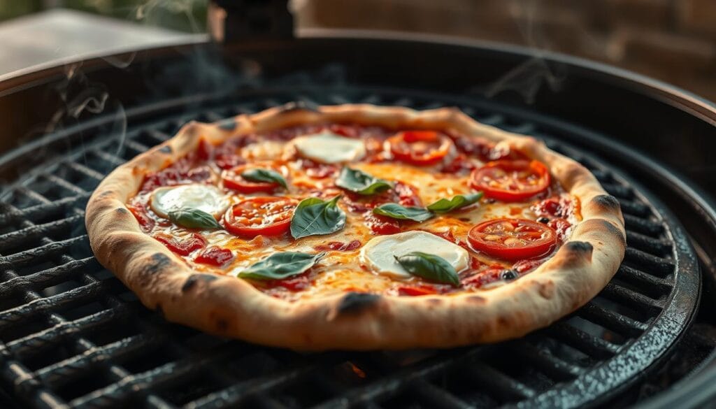 A close-up shot of a gourmet pizza being cooked on a charcoal grill, with a subtle smoky haze in the air. The crust has crisp, charred edges, and the toppings, such as fresh basil leaves, sliced tomatoes, and melted mozzarella cheese, are sizzling and caramelizing. The scene is bathed in a warm, golden light, creating a cozy and inviting atmosphere. The camera angle is slightly elevated, offering a bird's-eye view of the pizza, showcasing the intricate details of the cooking process. A close-up shot of a gourmet pizza being cooked on a charcoal grill, with a subtle smoky haze in the air. The crust has crisp, charred edges, and the toppings, such as fresh basil leaves, sliced tomatoes, and melted mozzarella cheese, are sizzling and caramelizing. The scene is bathed in a warm, golden light, creating a cozy and inviting atmosphere. The camera angle is slightly elevated, offering a bird's-eye view of the pizza, showcasing the intricate details of the cooking process.